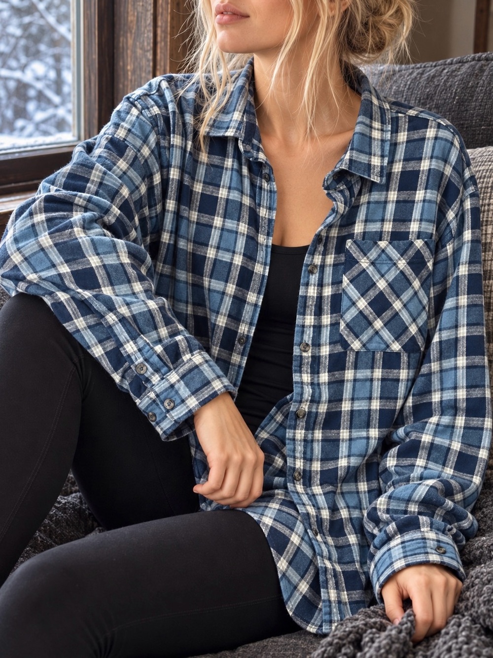 Magellan Blue Plaid Cotton Flannel Shirt Boyfriend Style Mens Large